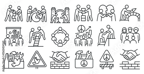 Series of black and white icons depicting various social and political issues. The icons include a handshake, a peace sign, a person holding a wrench, a person holding a ladder