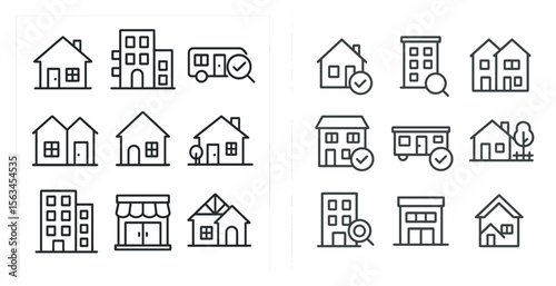 Set of house icons, including a house with a truck parked in front of it. The icons are arranged in two rows, with the first row featuring a variety of house styles