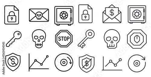 Set of icons for a security system. The icons include a skull, a key, a stop sign, a dollar sign, and a keypad