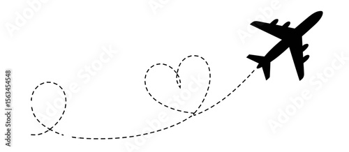 Airplane travel route with heart and loop, flight path with dotted line, travel and love concept