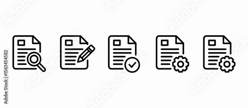 Paper document with magnifying glass, pencil, checkmark and gear icons for review, edit, approve and settings