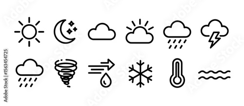Weather forecast line icons: sun, cloud, rain, storm, snow, cold, wind symbols set
