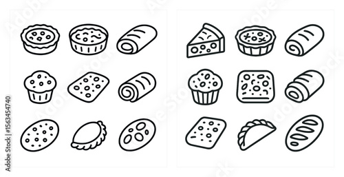 The image is a collection of various food items, including pastries, bread, and other baked goods. The food items are arranged in a grid-like pattern, with each item occupying a separate space