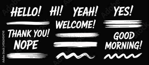Greeting phrases with brush stroke effect, hello, hi, welcome, good morning