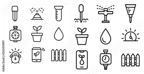 Set of icons for various gardening tools and equipment. The icons include a watering can, a hose, a timer, a clock, and a phone. Scene is that of a garden or yard