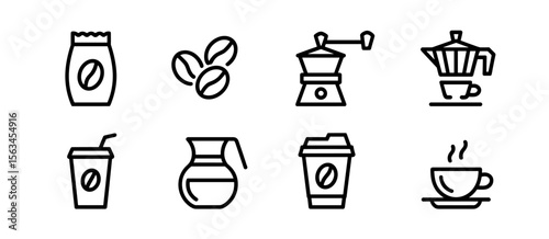 Coffee icon set: Coffee beans, coffee grinder, coffee maker, hot coffee cup