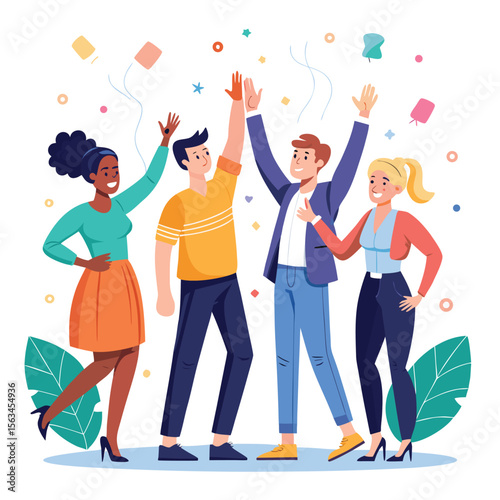 Group of diverse people celebrating success with raised arms and confetti illustration