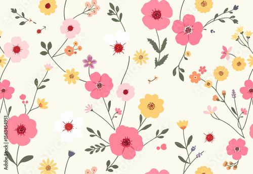 Seamless floral vector pattern with flowers leaves and butterflies for spring summer decoration and design