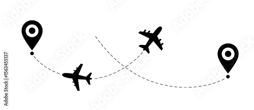 Airplane flight route with location pin markers and dashed trajectory