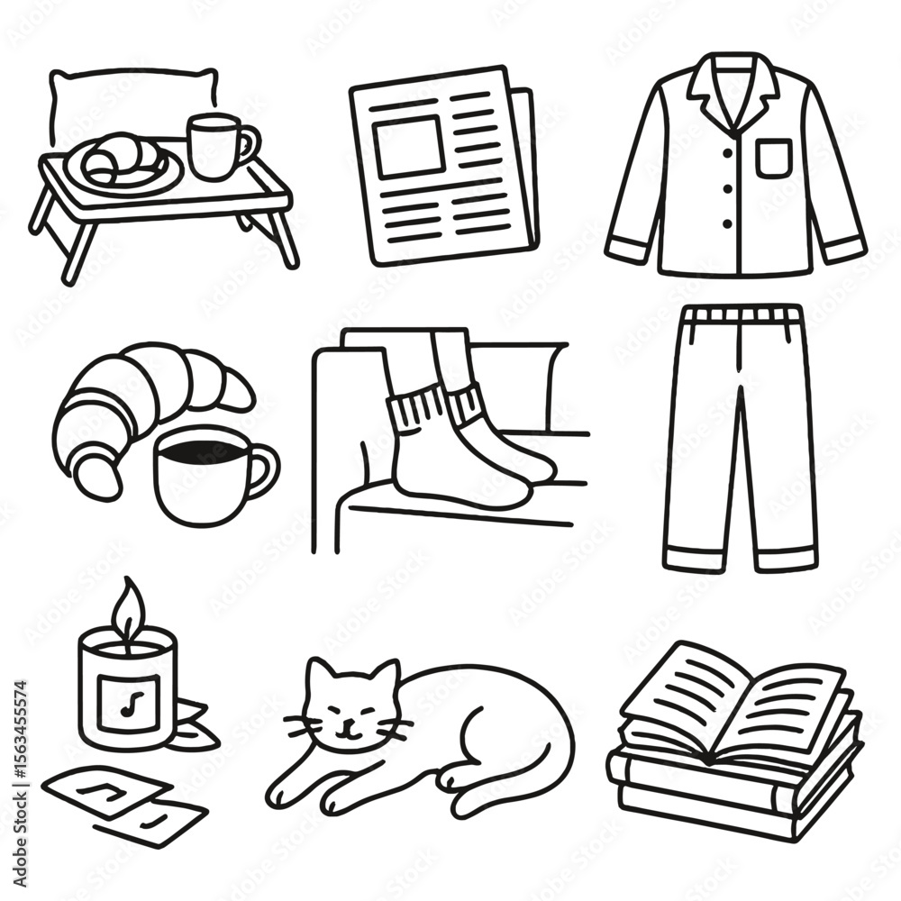 Fototapeta premium Weekend Comfort Icons. Line style icons of weekend comfort essentials: breakfast tray in bed, morning paper, slippers on rug,