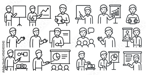Series of cartoon drawings of people giving presentations. The drawings are all in black and white and are arranged in a grid. The mood of the images is serious and focused