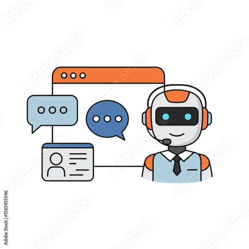 Friendly chatbot graphic is perfect for illustrating customer service, technology, and online communication with its robot assistant.