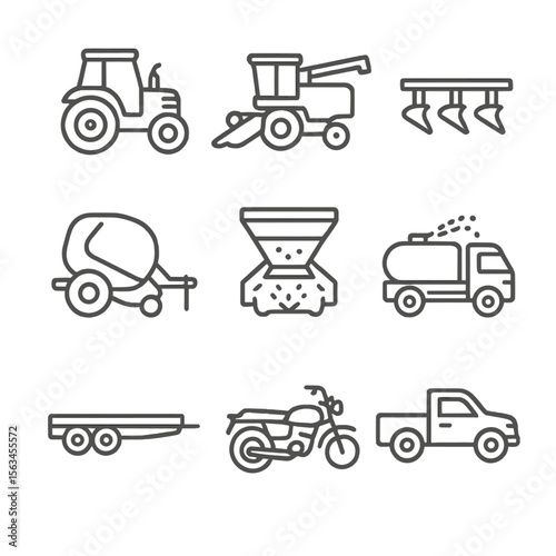 Farm Vehicle Icons. Line style icons of farm vehicles: tractor, combine harvester, plow attachment, hay baler, seed spreader,