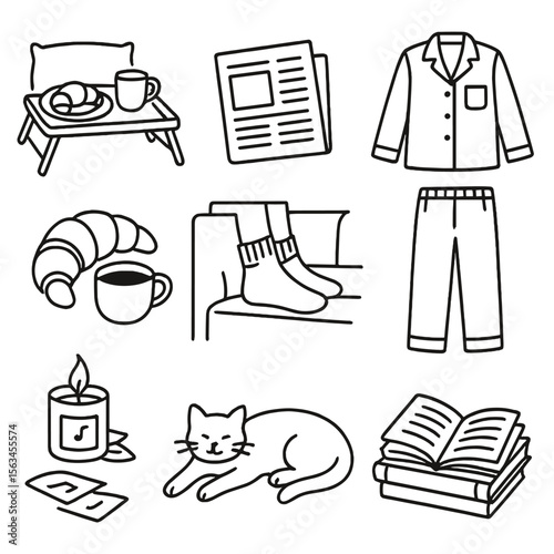 Weekend Comfort Icons. Line style icons of weekend comfort essentials: breakfast tray in bed, morning paper, slippers on rug,
