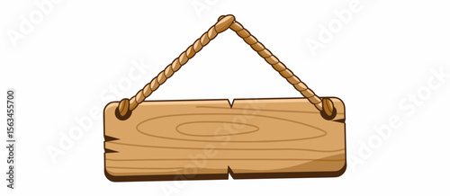 Cartoon wood sign hanging with rope, blank, wooden, signboard, rustic, isolated, graphic
