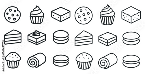 Collection of desserts in a row, including cupcakes, cookies, and cakes. The desserts are all different shapes and sizes, and they are all lined up next to each other
