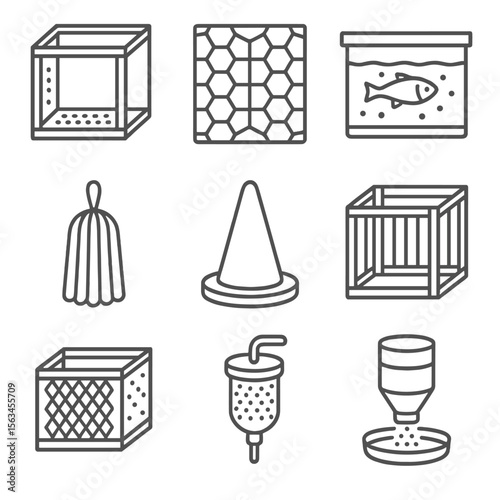 Breeding Setup Icons. Line style icons of breeding setups: breeding net box, egg crate divider, fry tank, spawning mop, breeder