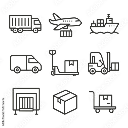 Cargo Transport Icons. Line style icons of cargo and logistics transport: container truck, cargo plane, freight ship, delivery van