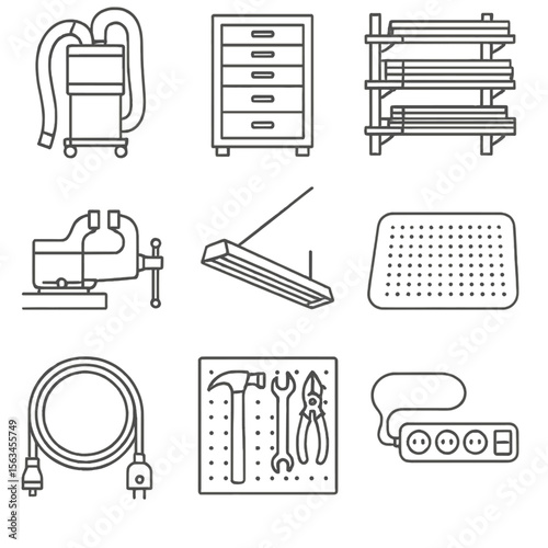 Workshop Line Icons. Line style icons of workshop setup elements: sawdust vacuum, tool cabinet, wood rack, project vise, shop