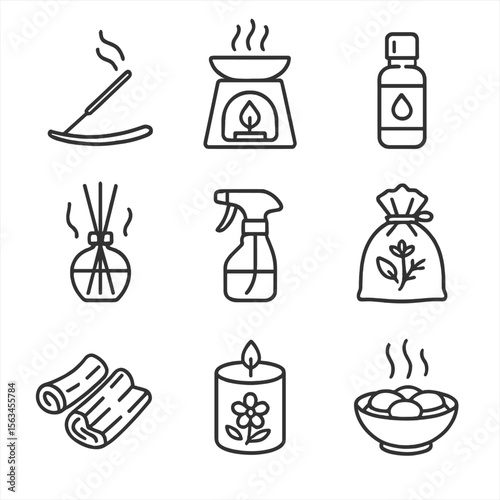 Cozy Home Scent Icons. Line style icons of cozy home scents: incense stick, wax warmer, essential oil bottle, reed diffuser, room