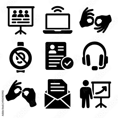 Workplace Inclusivity Tools. Solid style icons of workplace inclusivity tools: captioned meeting screen, vibrating desk alert,