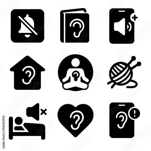 Hearing Care Icons. Solid style icons of hearing care lifestyle: quiet zone sign, hearing wellness journal, daily volume check,