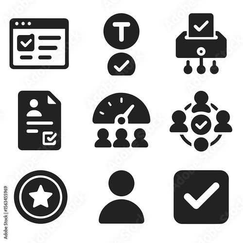 DAO Governance Icons. Solid style icons of DAO and governance: DAO voting screen, token-based vote, decentralized ballot icon,