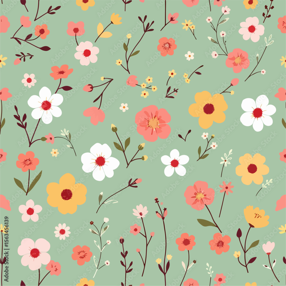 Fototapeta premium Floral seamless pattern set, trendy graphic digital papers with botanical elements, flowers, leaves for your design. Hand drawn collection. Vector illustration