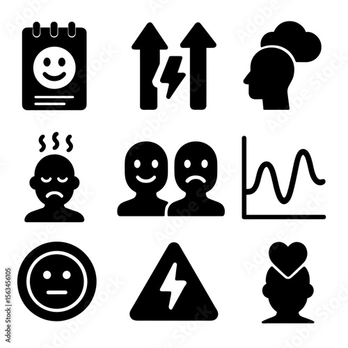 Emotional Energy Icons. Solid style icons of emotional energy tracking: mood log icon, energy up/down arrows, emotional reflection