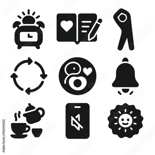 Mindful Morning Icons. Solid style icons of mindful morning rituals: sunlight alarm icon, gratitude journal, morning stretch icon,