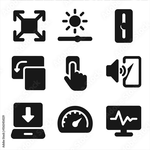 Mirror Screen Icons. Solid style icons of mirror screen calibration: screen resolution icon, brightness balance bar, contrast