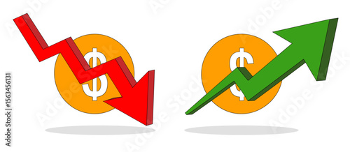 Stock market trend: Rising green arrow and falling red arrow, business economy concept