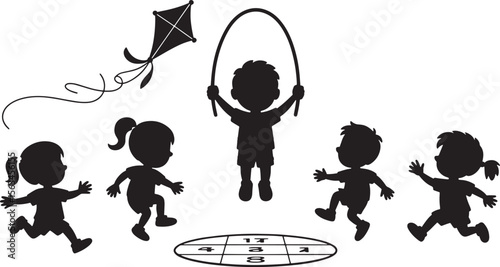 Energetic Kids Playing Kite Jumping Rope Silhouettes