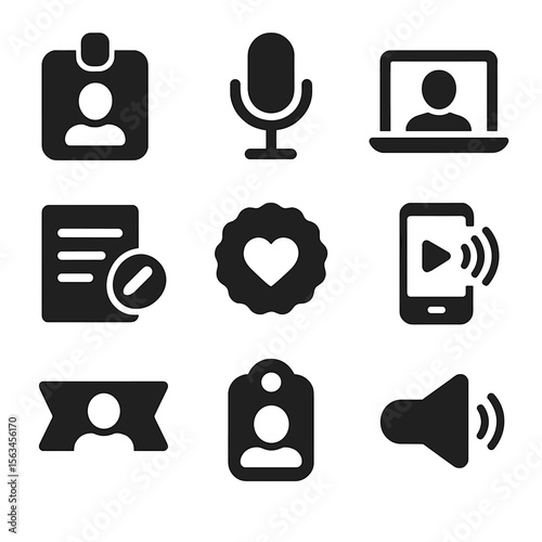 Podcast Guest Icons. Solid style icons of podcast guest experience: guest welcome card, guest mic icon, virtual guest icon,