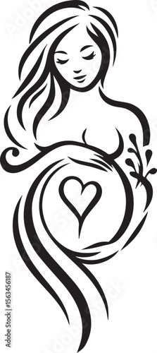 Print Stylized Pregnant Woman with Heart and Floral Elements