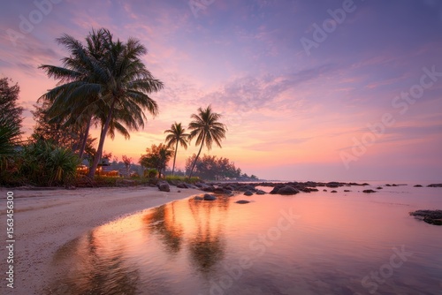 Beautiful landscape with sunset at tropical beach with palm trees