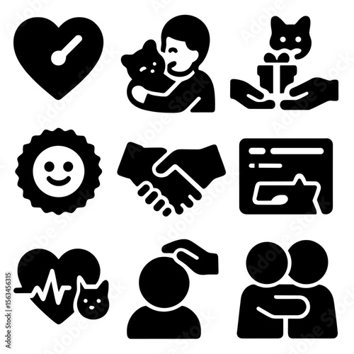 Emotional Bond Icons. Solid style icons of emotional bonding: love meter icon, pet hug moment, happiness face badge, friendship
