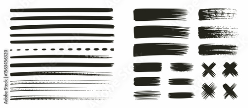 Brush strokes vector set, paint strokes, black ink marks, line, rough edge textures