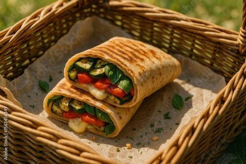 Delicious grilled vegetable wrap served in a picnic basket at a sunny outdoor location during midday