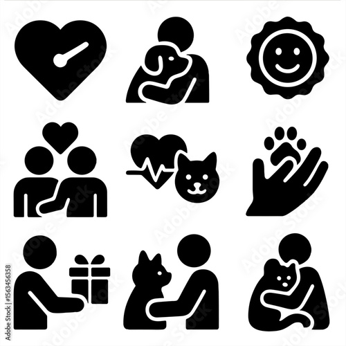 Emotional Bond Icons. Solid style icons of emotional bonding: love meter icon, pet hug moment, happiness face badge, friendship