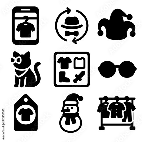 Wardrobe Icon Set. Solid style icons of dressing and style: virtual wardrobe icon, accessory change symbol, funny hat icon, pet