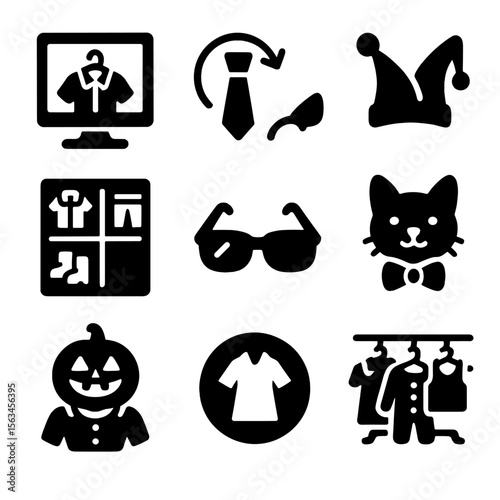 Wardrobe Icon Set. Solid style icons of dressing and style: virtual wardrobe icon, accessory change symbol, funny hat icon, pet