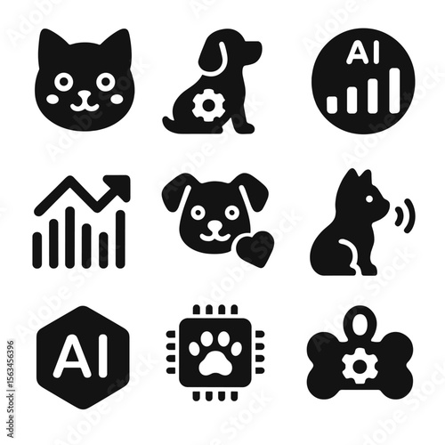 AI-Driven Pet Icons. Solid style icons of AI-driven pets: emotional AI pet, adaptive behavior icon, smart response meter, learning