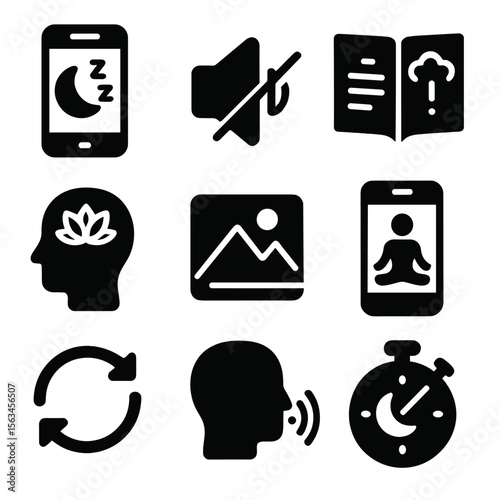 Insomnia Support Icons. Solid style icons of insomnia support tools: sleep meditation app, quiet audio icon, worry journal screen,