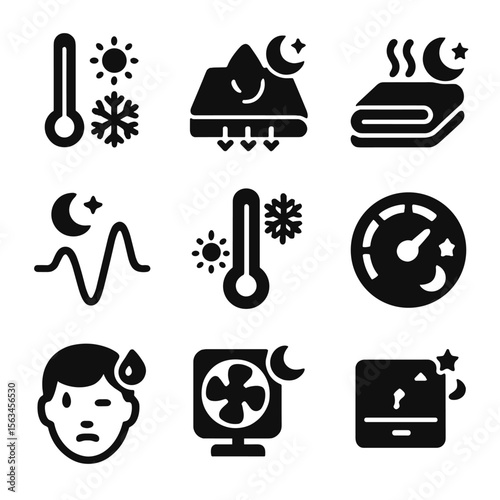 Nighttime Temperature Icons. Solid style icons of temperature regulation at night: hot/cold indicator icon, cooling mattress pad,