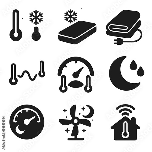 Nighttime Temperature Icons. Solid style icons of temperature regulation at night: hot/cold indicator icon, cooling mattress pad,