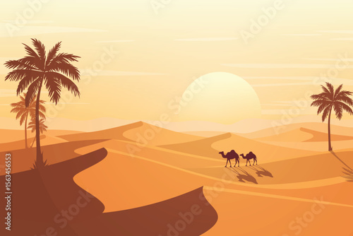 Scenic Desert Sunset with Silhouetted Camel, Rolling Sand Dunes, and Date Palm Trees. Peaceful Arabian Landscape Under Warm Evening Sky. Beautiful Nature Background Illustration