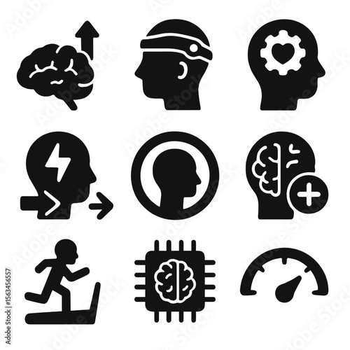 Cognitive Enhancement Icons. Solid style icons of cognitive enhancement tools: brain performance booster, neurostimulation headset