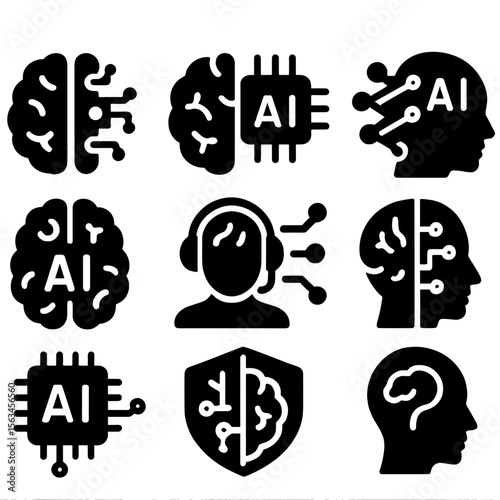 AI Brain Fusion. Solid style icons of AI + brain collaboration: artificial intelligence brain merge, symbiotic machine mind icon,