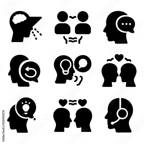 Telepathic Icon Designs. Solid style icons of telepathy simulation systems: thought transfer beam, avatar-to-avatar communication,
